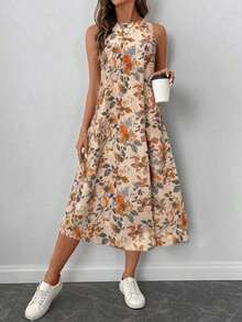 LUNE Vestido midi casual y elegante de cuello redondo, sin mangas, con bajo acampanado y estampado floral retro - Naranja - Ver 3