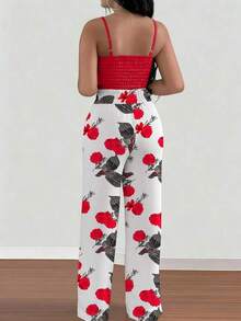 Set de 2 piezas con top de tirantes con estampado floral y pantalones anchos con cintura elástica y lazo para mujeres - Rojo - Ver 2