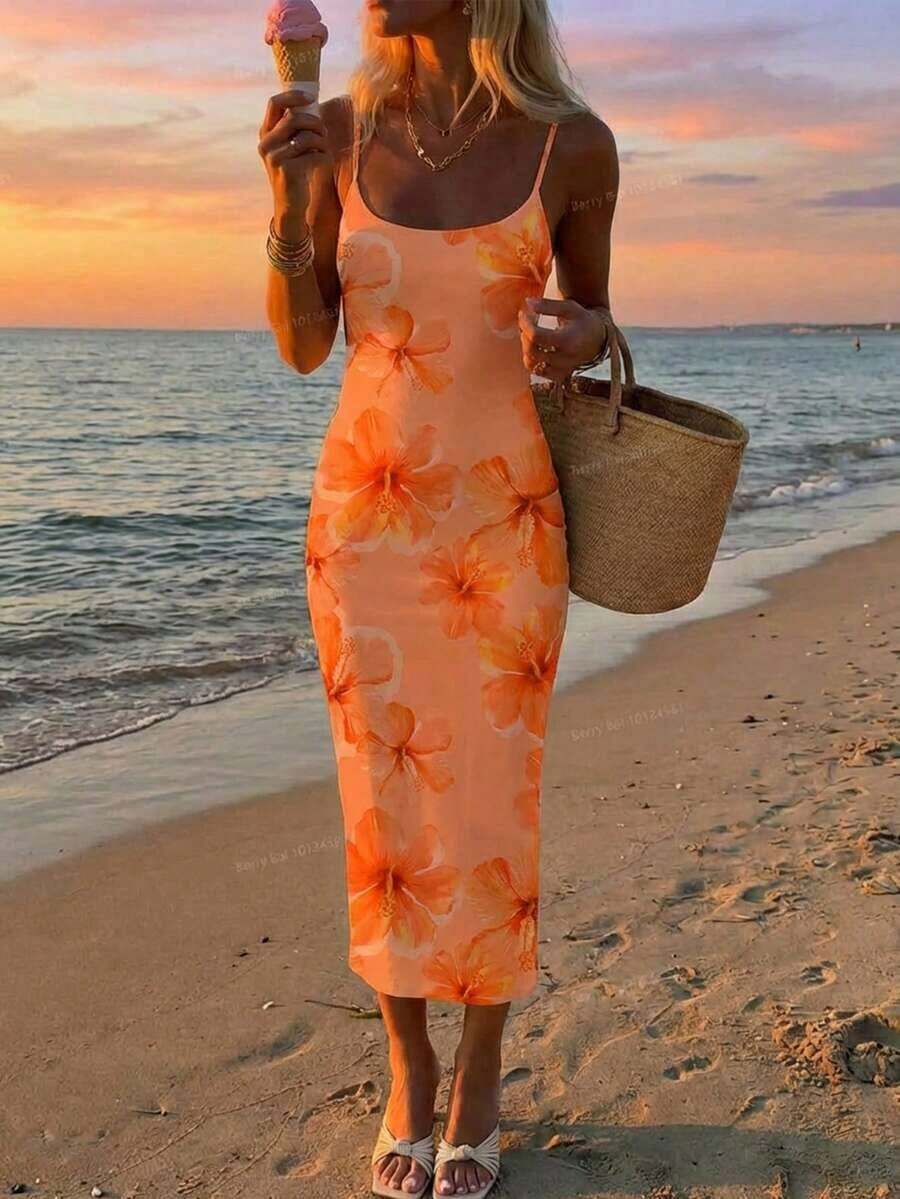 Vestido camisero de longitud completa ajustado con estampado de cerezas, adecuado para el verano - Multicolor 6 - Ver 1