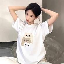 Camiseta de mujer de manga corta negra de algodón puro, nuevo estilo de verano con diseño único, top de nicho, talla grande, corte holgado, efecto adelgazante, cuello redondo, cómoda y holgada, camiseta a la moda. - Blanco - Ver 3