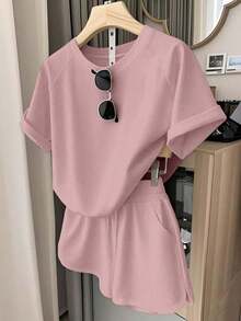 Conjunto de camiseta y pantalones cortos para mujer, diseño de patchwork de mezclilla vintage, top casual elegante para salidas de verano, estampado gráfico, versátil para uso diario, al aire libre, compras, viajes - Rosa Oxidada - Ver 9