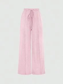 Set de 2 piezas: Top con bajo asimétrico y pantalones de unicolor - Rosa - Ver 5
