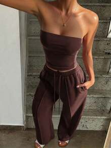 Conjunto de 2 piezas de ropa de otoño Vaiaye: Top corto ajustado y sexy sin tirantes, camiseta básica de unicolor elástica y ajustada, top tipo bandeau para yoga; Conjunto de pantalones para primavera/verano - Marrón - Ver 6