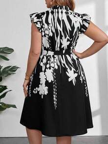 Vestido con estampado gráfico, cuello con muesca, volantes, cinturón, lunares, vestidos para mujer, vestidos casuales de primavera, vestidos de picnic, vestidos de verano, vestidos de primavera, vestidos de festival, vestidos de Pascua, vestid - Negro - Ver 2