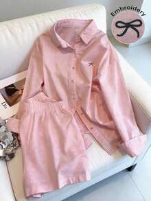 Conjunto informal de camisa de manga larga con bordado de lazo y pantalones cortos para mujer - Rosa - Ver 3