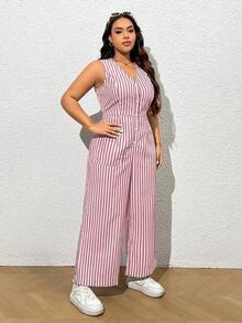 Enterizo casual sin mangas de talla grande con cuello en V y estampado de rayas con botón de un solo pecho - Rojo - Ver 6
