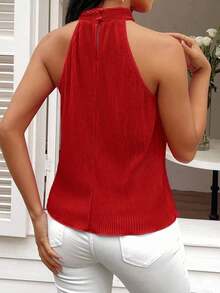 Camiseta sin tirantes de mujer con cuello halter, frente hueco y plisado en color solido - Rojo - Ver 2