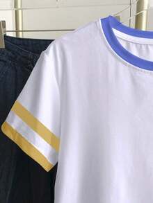 Camiseta de mujer de manga corta con cuello redondo y bloque de color, casual de verano - Blanco 9 - Ver 4