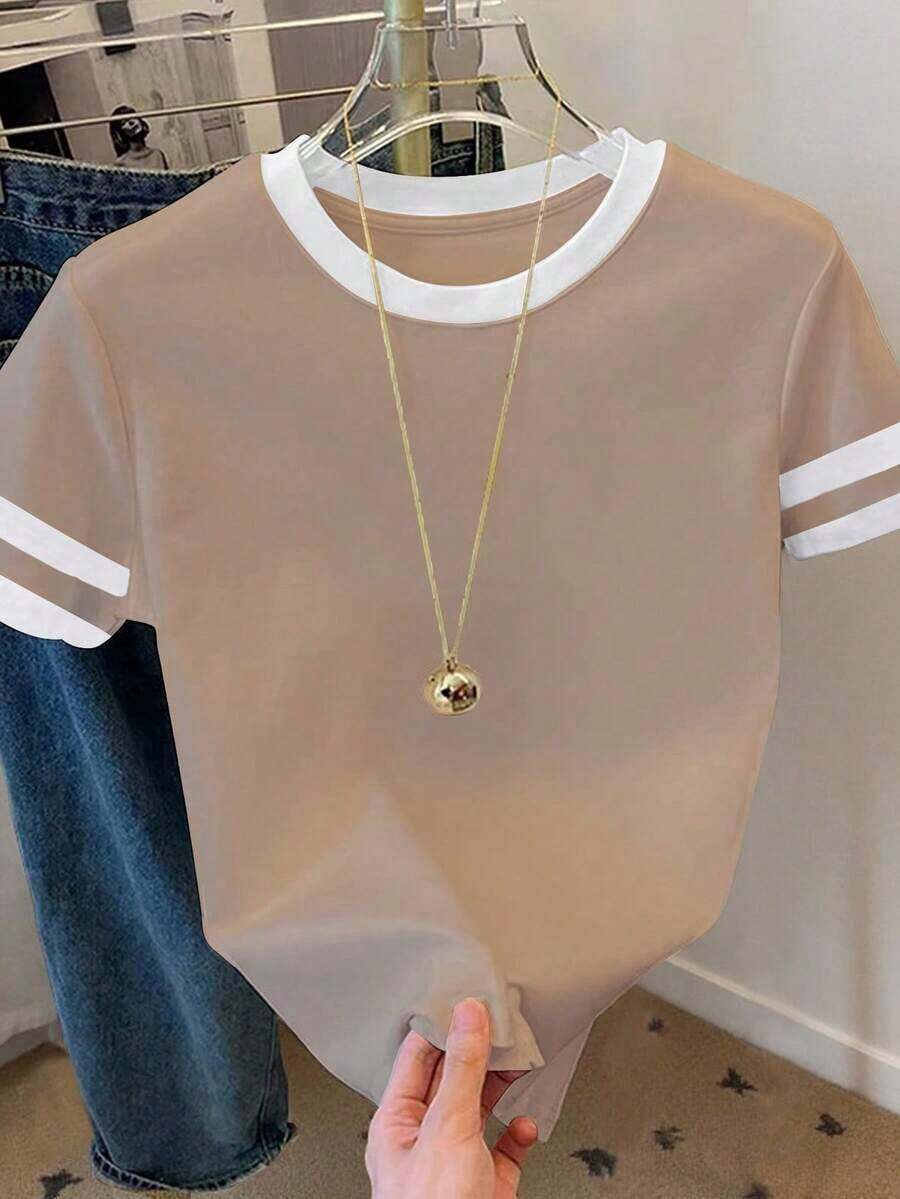 Camiseta de mujer de manga corta, cuello redondo y bloque de color, casual de verano - Multicolor 4 - Ver 1