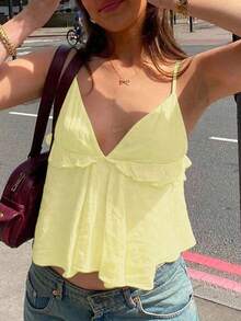 Top tipo camiseta con tirantes finos, escote en la espalda, volantes y holgado, de color amarillo dulce, para mujer, para el verano - Amarillo - Ver 4