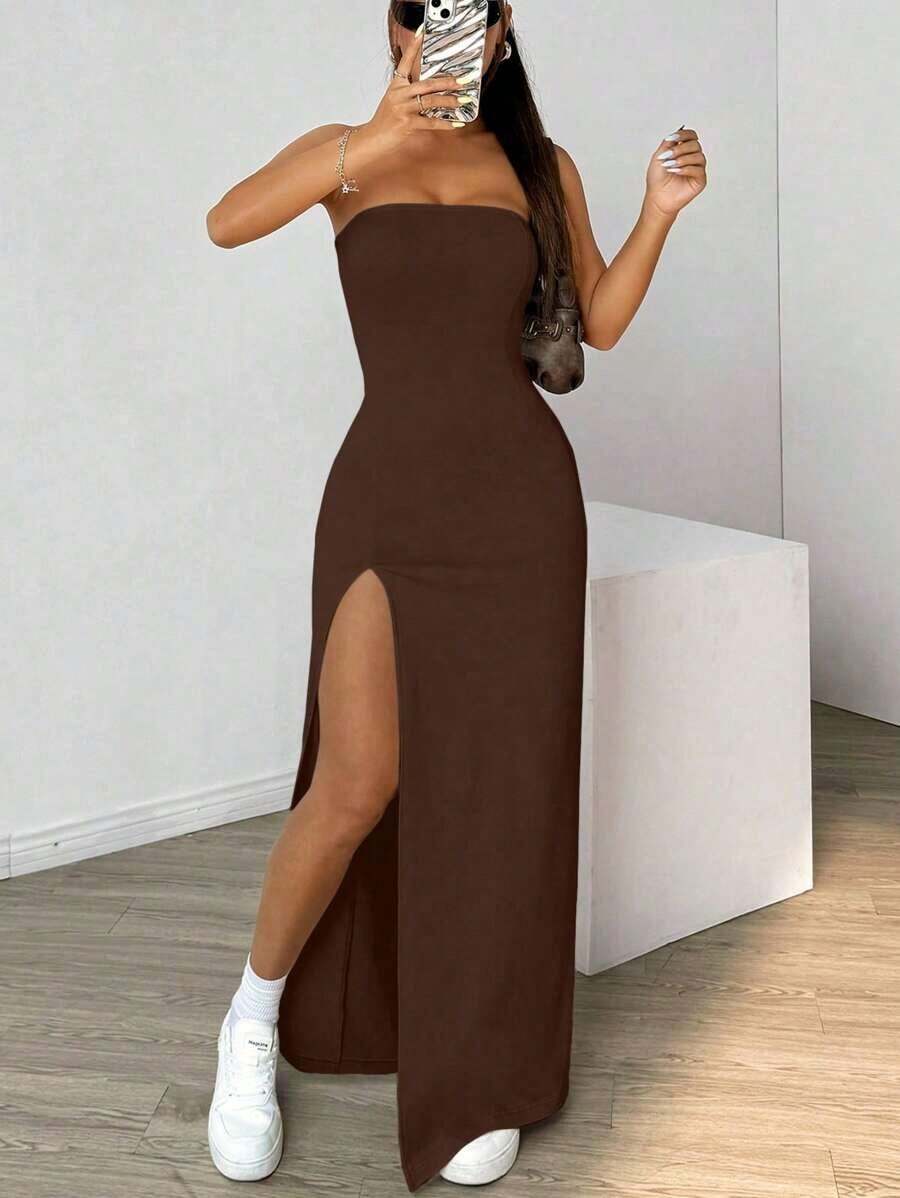 Vestido de ajustado para mujeres con muslo dividido y sin tirantes de unicolor - Marrón - Ver 1
