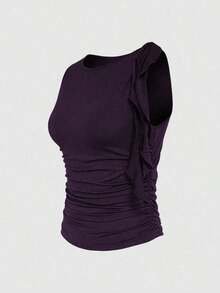 Blusa sin mangas de cuello redondo de unicolor con nudo delantero, estilo minimalista y casual para mujer - Morado - Ver 4
