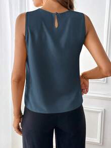 Clasi Blusa sin mangas con detalle de pliegues y escote de ojo de cerradura, blusas sin mangas - Azul lavado oscuro - Ver 2