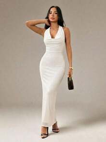 Vestido elegante de mujer de unicolor con cuello drapeado de malla, vestido largo, estilo vacacional, adecuado para vacaciones de otoño/invierno - Blanco - Ver 6