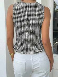 Top sin mangas con escote cuadrado, estampado de cuadros, con volantes en el bajo, para mujer.Top casual de verano con Body fruncido, estilo estético a cuadros, para vacaciones y salidas - Blanco y Negro - Ver 2