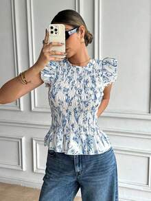 Blusa de manga corta con cuello redondo, volantes y estampado floral para vacaciones de mujer - Azul - Ver 8