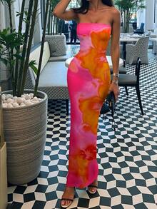Vestido mini bandeau con estampado aleatorio para mujeres - Multicolor 7 - Ver 3