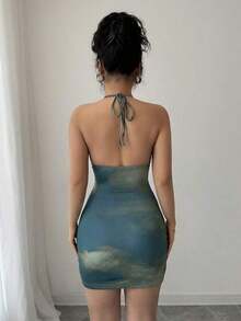 Vestido corto con cuello anudado, efecto drapeado en malla y estampado floral efecto tie-dye - Verde - Ver 2