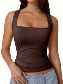 Camiseta de tirantes de unicolor negro como capa base de ropa casual de mujer para el verano y otoño - Marrón - Ver 4