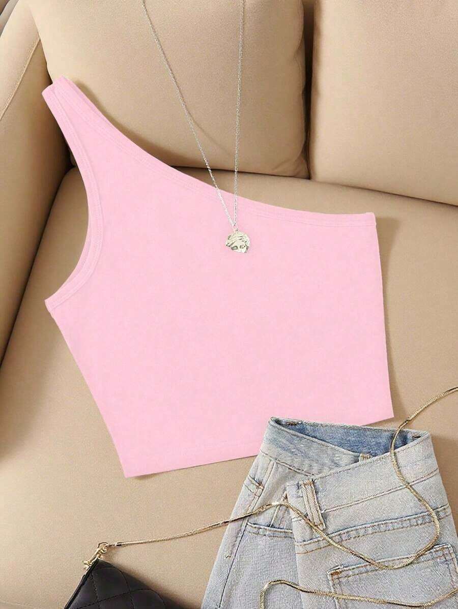 Top de hombro único femenino de unicolor y ajuste elegante y sencillo para el verano - Rosa - Ver 1