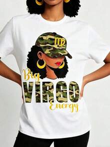 Women's T-Shirt With Virgo Zodiac Print And Energy Camouflage, Short Sleeve T-Shirt For Spring, Summer And Autumn, Beautiful And Fashionable Style - 白色 - 查看 2