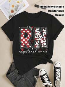 1 Piece (T-Shirt), Valentine's Day Gift T-Shirt For Nurses - Casual Black Nurse Thank You T-Shirt, Red And White Heart Design, Plus Size, Machine Washable, Suitable For Spring, Summer And Autumn, Nurse T-Shirt. - 黑色 - 查看 6