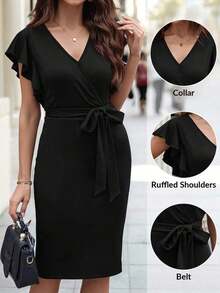 Vestido midi con estampado floral y cuello en V con mangas cortas, elegante para vacaciones - Negro - Ver 1
