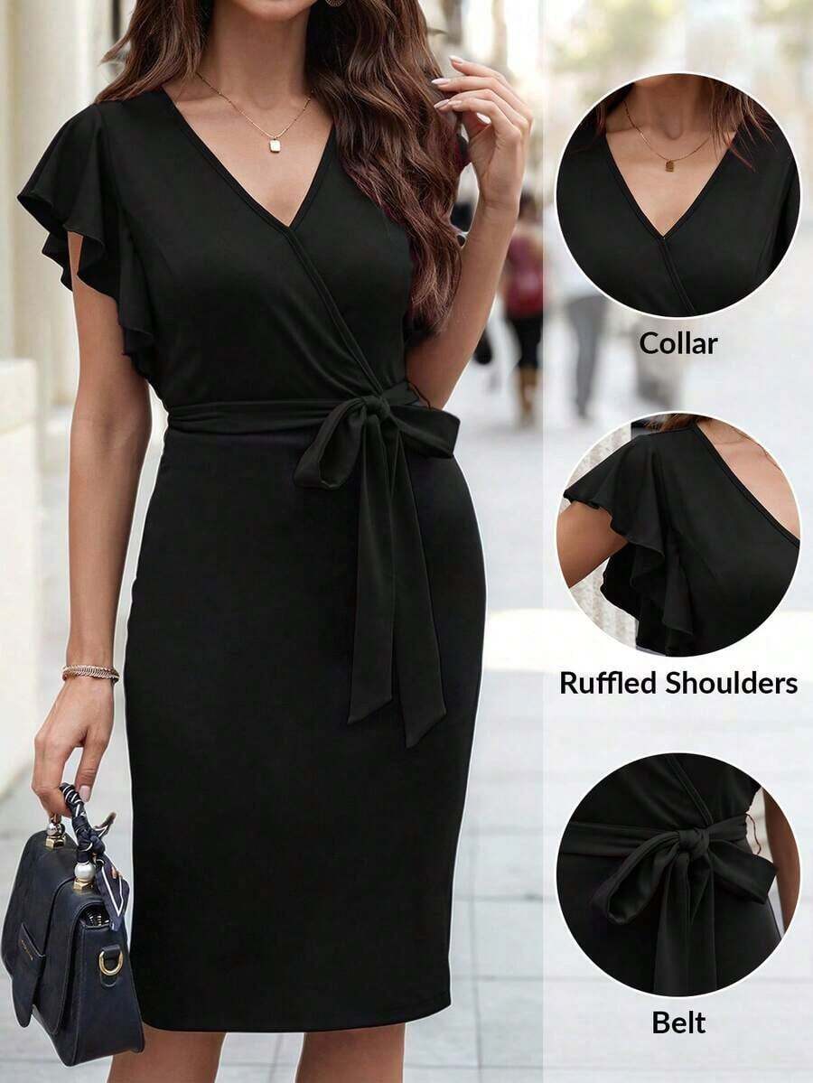Vestido midi con estampado floral y cuello en V con mangas cortas, elegante para vacaciones - Negro - Ver 1
