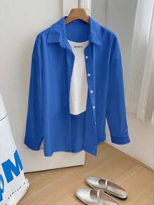 Camisa casual de manga larga, de un solo pecho, de unicolor y holgada para mujer - azul real - Ver 4
