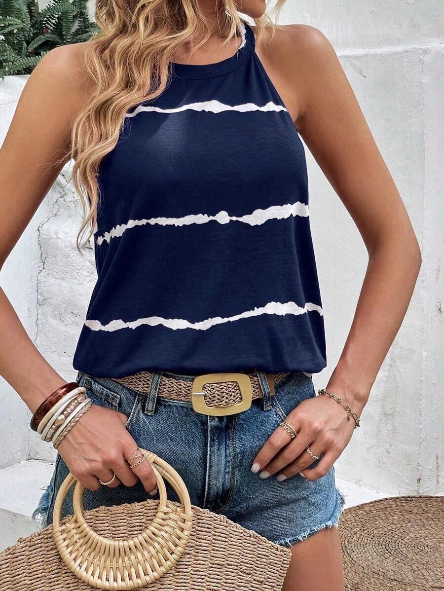 Top sin mangas de verano casual con estampado de rayas y cuello halter para mujer - Azul marino - Ver 1