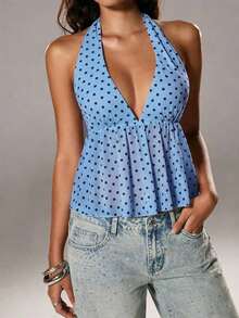 Elegante top de tirantes con escote en V y estampado de lunares para mujer, primavera/verano - Celeste - Ver 3