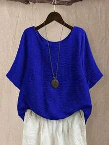 Top holgada de cuello redondo para mujer de talla grande en color verde salvia texturizado, para uso casual/diario/al aire libre/minimalista/vacaciones que estiliza, para primavera/verano - azul real - Ver 6