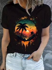 Camiseta casual estampada de talla grande para mujer, cuello redondo, manga corta, tela ligeramente elástica, estilo regular, top cómodo para todas las estaciones, ropa de mujer. - Negro - Ver 7