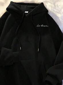 Men's Black Kangaroo Hoodie With Los Angeles Minimalist Print, Hooded Sweatshirt With Pocket, Warm And Stylish, Lowest Price - 黑色 - 查看 2