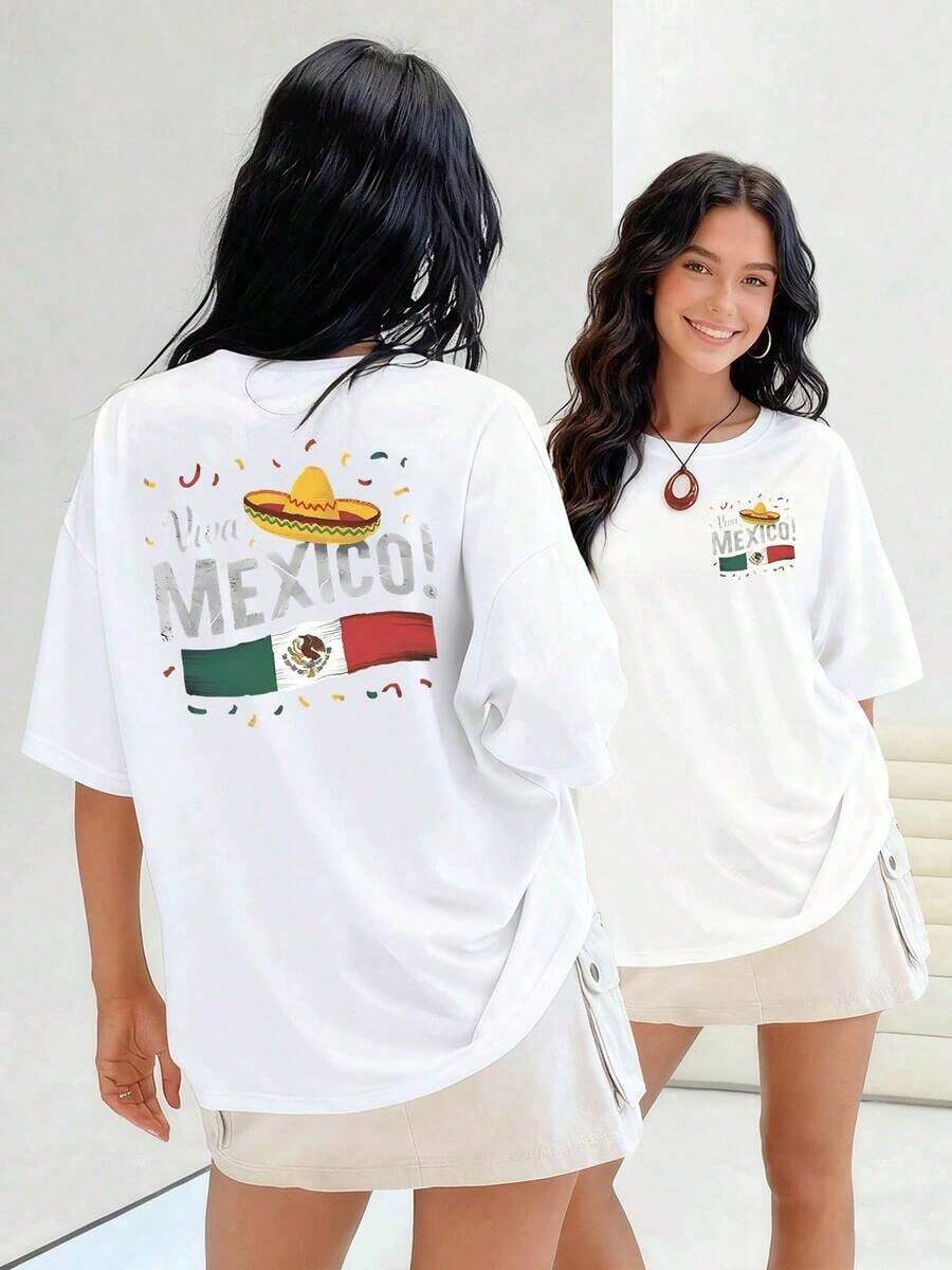 Viva México Sombrero And Flag Printed T-Shirt For Women With Vibrant Details That Celebrate Mexican Culture And Its Festive Spirit. 100% Soft And Comfortable Cotton. Suitable For Spring, Summer And Autumn - 白色 - 查看 1