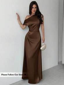 Vestido elegante asimétrico de hombro con pliegues y bajo de cola de sirena en color verde, adecuado para citas, vacaciones, bodas, eventos, regreso a la escuela, graduación, vestido de dama de honor formal, vestidos elegantes para mujer - Cafetería - Ver 1