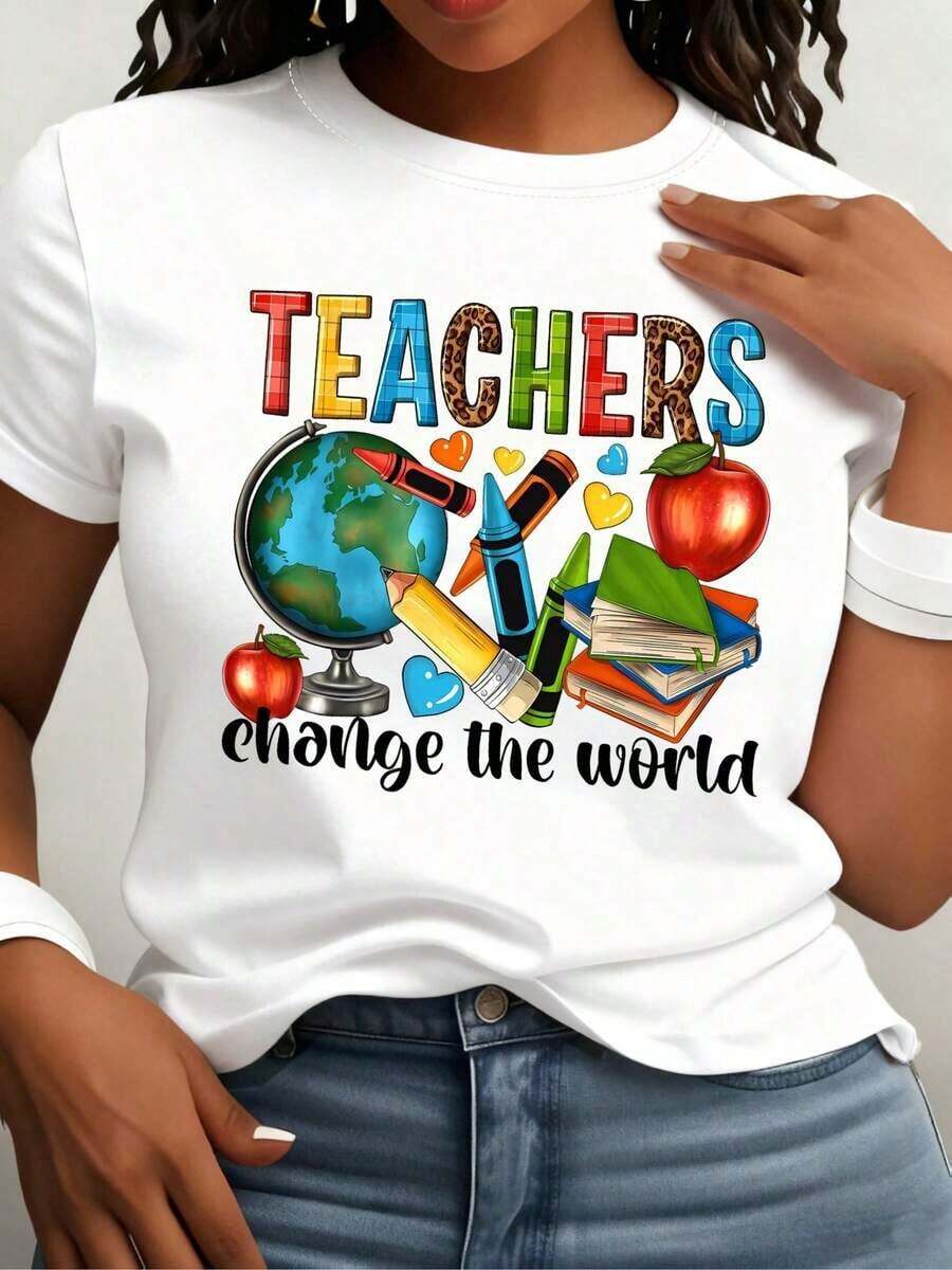 Graphic T-Shirts For Teachers - Women's Summer Clothes, Oversized T-Shirt, Casual Cotton Short Sleeve Streetwear, Fashion Tops For Women, Thank You Gifts For Teachers, Suitable For Spring, Summer And Autumn. - 白色 - 查看 1