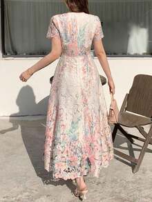 Vestido de mujer elegante de cuello redondo con estampado, vestido de media longitud, vestido floral para mujer - Rosa - Ver 3