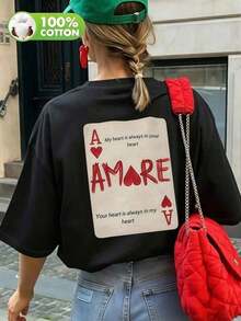 Camiseta de manga corta para mujer con estampado de cartas de juego, diseñada con la clásica asa de pica como base, con símbolos de corazón y la letra A impresos en las cuatro esquinas, y la letra A invertida en la parte inferior derecha que replica las características visuales de una carta de juego.Adecuado para uso diario informal en primavera, verano y otoño.Negro, transpirable y cómodo - Negro - Ver 5