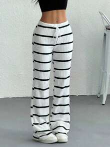 Pantalones casuales de mujer con cintura con cordón acanalado, para primavera/otoño - Blanco - Ver 1