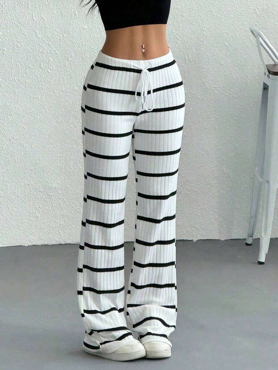 Pantalones casuales de mujer con cintura con cordón acanalado, para primavera/otoño - Blanco - Ver 1
