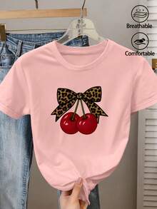 Camiseta de Verano de Alta Gama para Mujer, Elegante Camiseta de Manga Corta con Estampado de Leopardo, Lazo y Cerezas, Cuello Redondo, Adecuada para Primavera, Verano, Otoño. Moderna para el Trabajo, Vacaciones, Uso Diario, Versátil, Casual, Elegante, Estilo Vintage, Disponible en Tallas S-XXL. - Negro - Ver 10