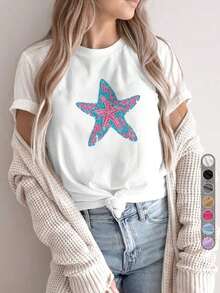 Women's Casual Sports T-Shirt | Round Neck, Starfish Floral Print, High Elasticity Fabric, Ideal For All Seasons And Summer Beach Outings - 白色 - 查看 1