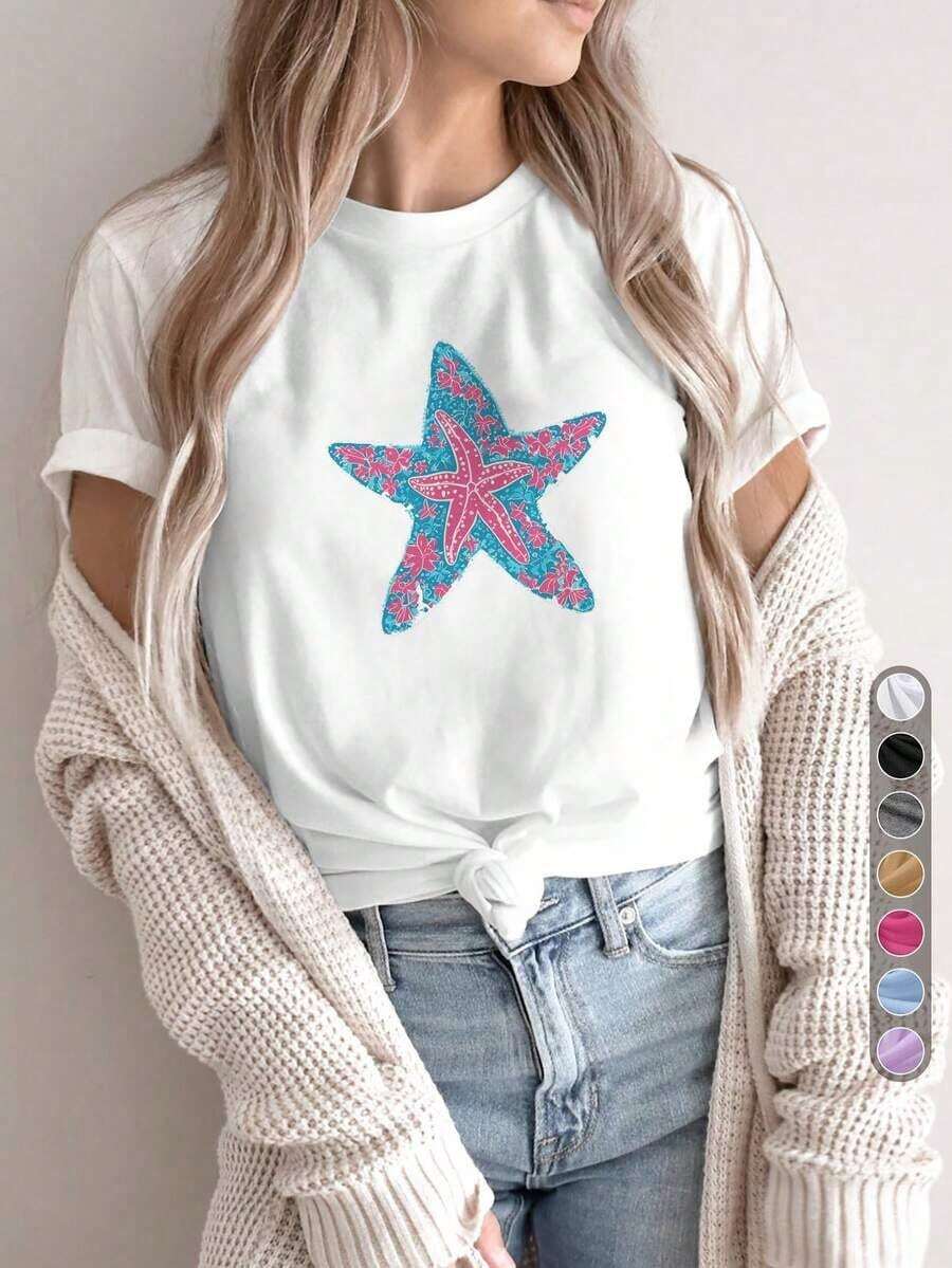 Women's Casual Sports T-Shirt | Round Neck, Starfish Floral Print, High Elasticity Fabric, Ideal For All Seasons And Summer Beach Outings - 白色 - 查看 1