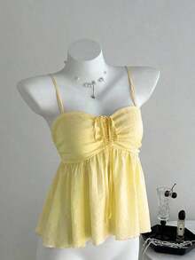 Camiseta de tirantes con volantes de unicolor lindo para damas, ropa de verano para la universidad - Amarillo 2 - Ver 4