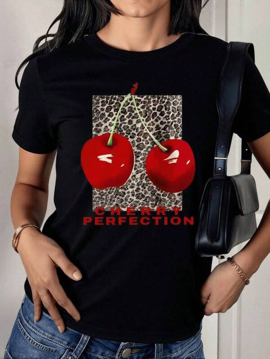 Camiseta de manga corta informal con cuello redondo, estampado de leopardo y cereza para mujeres 1  Sexy  Casual  Dulce  Fiesta  Elegante    Alta elasticidad  Playa  Noche de fiesta  Vacaciones  Boda  Deportivo  Casa  Oficina  Deportes y fitness  Trajes de aeropuerto  desalmuerzo  Escenario y concierto  viaje    verano  Cereza, fresa, limón - Negro - Ver 1