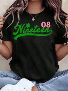 Soft, Breathable, And Lightweight For All-Day Comfort. Nineteen 08 Women's T-Shirt With Green And Pink Print, Crew Neck, Casual Wear, Gift Idea Aka Sorority 220g. Classic Crew Neck With A Relaxed Fit That Flatters All Body Shapes And Is Easy To Pair With Jeans, Shorts, And Leggings. - 黑色 - 查看 6