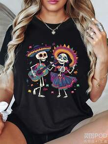 Colorful Skull Couple T-Shirt 2026 | T-Shirt With An Interesting Design, Showing A Skull With Traditional Mexican Clothing, Perfect For Halloween Celebrations, Day Of The Dead Festivities And Casual Wear - Soft And Comfortable, Unisex And Fashionable. - 黑色 - 查看 5