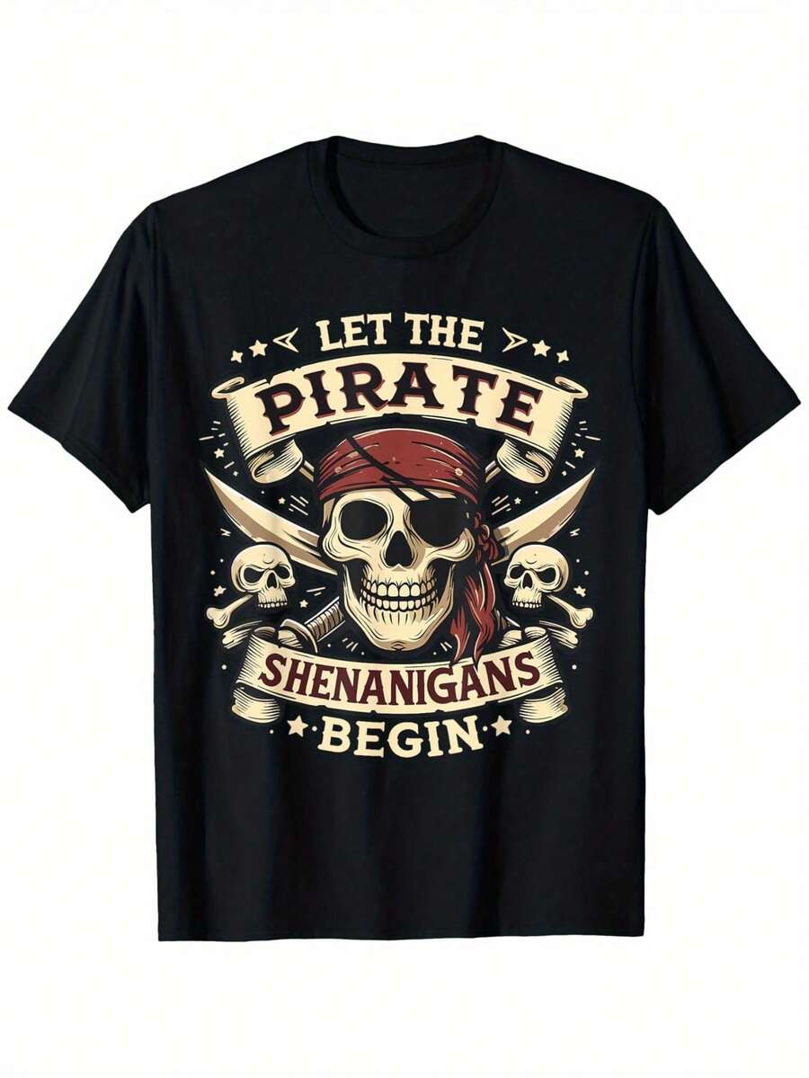 Let The Pirate Mischief Begin - Men's Black Cotton T-Shirt, Short Sleeve, Crew Neck, With Skull Print And Pirate Design, Casual Halloween T-Shirt For Adults - 黑色 - 查看 1