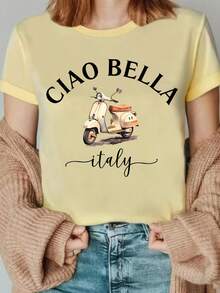 1 camiseta italiana con estampado "Hello", camiseta con estampado de letras "Hello Bella", camiseta de motocicleta italiana, recuerdo de viaje italiano, 180g 100% algodón. - Blanco - Ver 10
